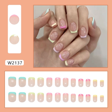 Press On Nails Macaron French Square Round Artificial Nails Removable Fake Nails With Glue For Women Summer Dopamine Style