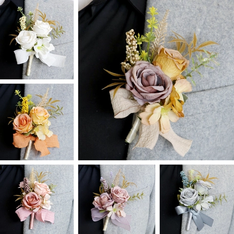 Artificial Boutonniere And Wrist Corsage Set Satin Rose Vintage Wedding Party Groom Bride Bridesmaid Prom Flower Accessories