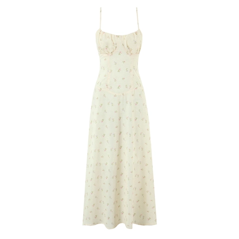 Robe Maxi Fleurie Femme Polyester Bretelles Spaghetti Col En V Dos Nu À Lacets Rétro Français Été Robe De Plage