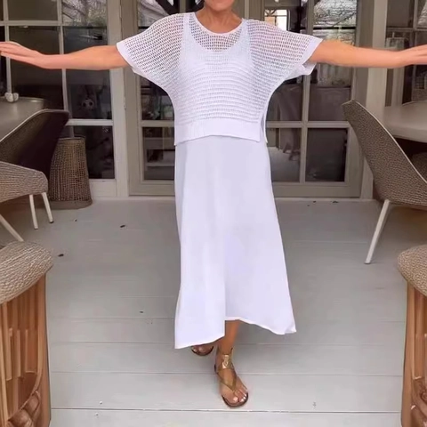 Top In Maglia Traforata A Maniche Corte E Abito Lungo Senza Maniche Da Donna Tinta Unita Casual Elegante