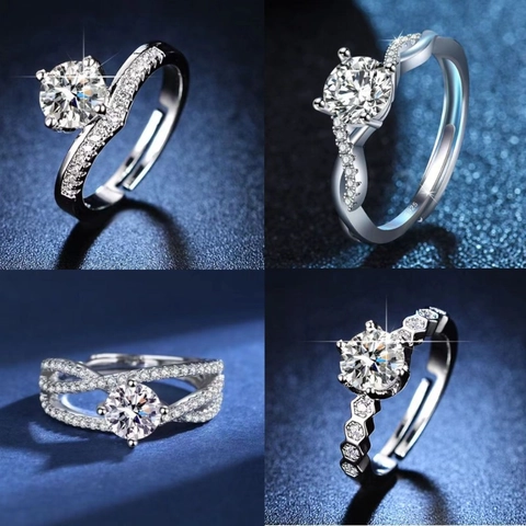 Sparkling Zircon Ring Copper Material Adjustable Round Heart Moissanite Style Wedding Jewelry For Women