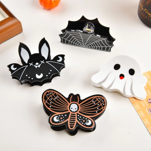 Mollette Per Capelli Halloween Acrilico Acetato Pipistrello Fantasma Ragnatela Teschio Falena Gotico