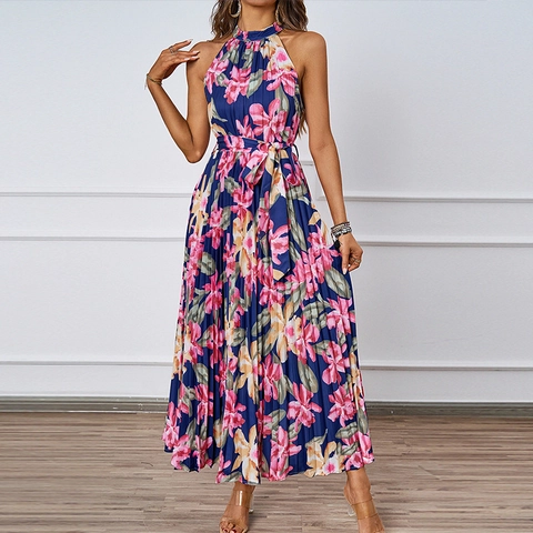 Geblümtes Neckholder Maxikleid Für Damen Sommer Ärmellos Plissiert Hohe Taille Elegantes Langes Sonnenkleid Mit Gürtel