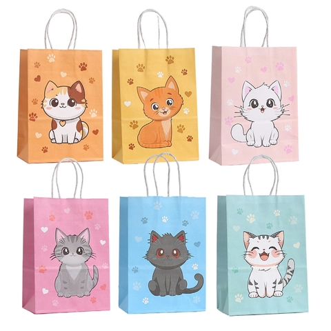 Cartoon Cat Paper Gift Tote Bags With Handles For Kids Birthday Party Favors Cute Printed Animal Pattern Kraft Packaging