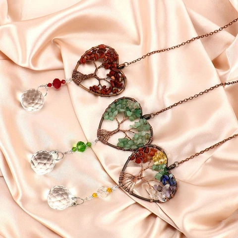 Heart Tree Of Life Suncatcher Natural Crushed Stones Faceted Crystal Ball Prism Hanging Ornament Garden Home Decor