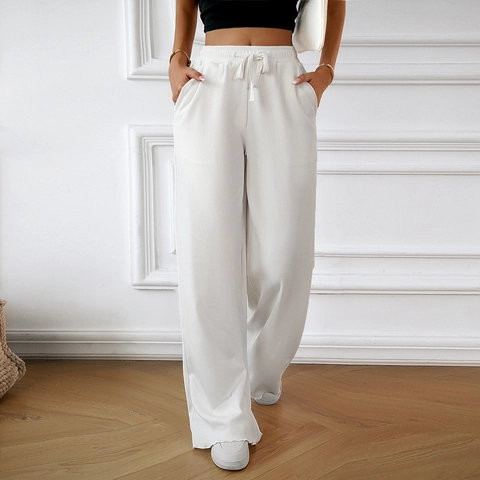 Women Wide Leg Pants Elastic High Waist Drawstring Trousers Casual Solid Color Loose Loungewear With Pockets
