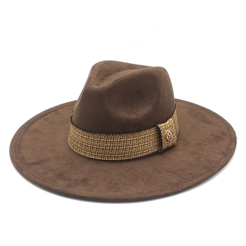 Vintage Wide Brim Fedora Hat Suede Texture Woven Band Metal M Decor Western Cowboy Style For Men Women Elegant Retro
