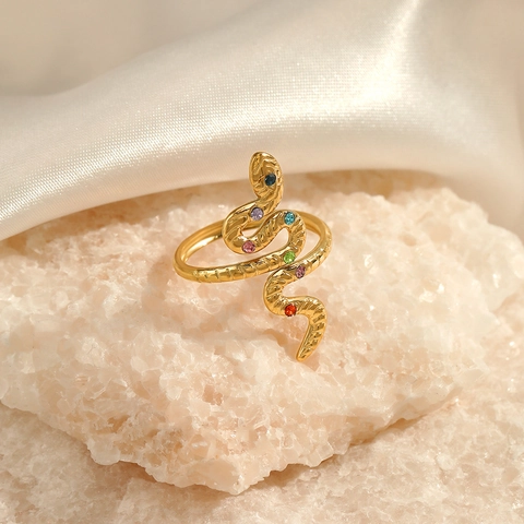 Snake Ring Stainless Steel Gold Plated With Colorful Zircon Adjustable Open Design Fashion Jewelry For Women