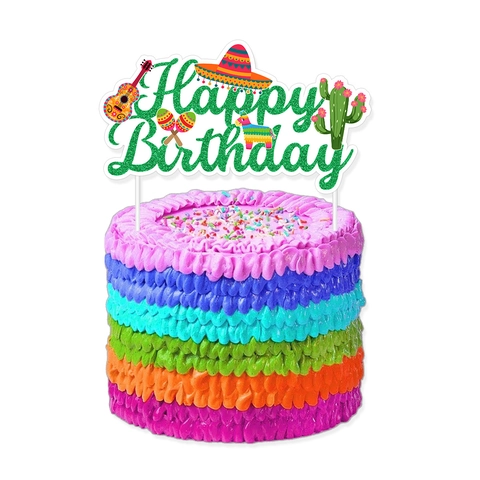 Mexican Carnival Birthday Cake Topper Glitter Paper Happy Birthday Sign Guitar Cactus Sombrero Fiesta Party Decoration