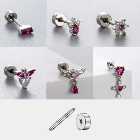 Titanium Steel Cartilage Earring Stud Zircon Heart Star Cross Angel Wing Screw Back Piercing Jewelry For Women