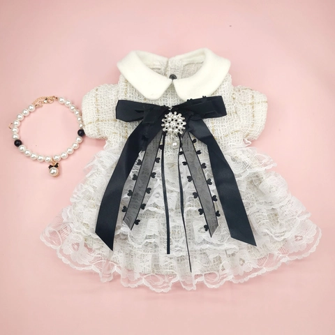 Elegante Abito Per Animali Pizzo Tweed Costume Cucciolo Gatto Stile Di Lusso Con Fiocco Nero E Spilla Di Künstliche Perle Abbigliamento