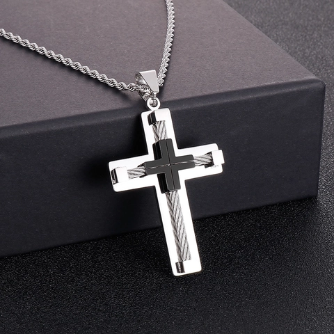 Collar De Cruz Para Hombre De Acero Inoxidable Con Textura De Cable De Acero Joyería Religiosa