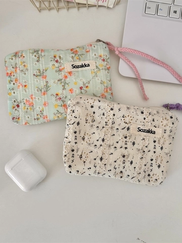 Mini Floral Fabric Makeup Bag Portable Cotton Embroidery Zipper Pouch With Lanyard Fresh Small Coin Purse For Women
