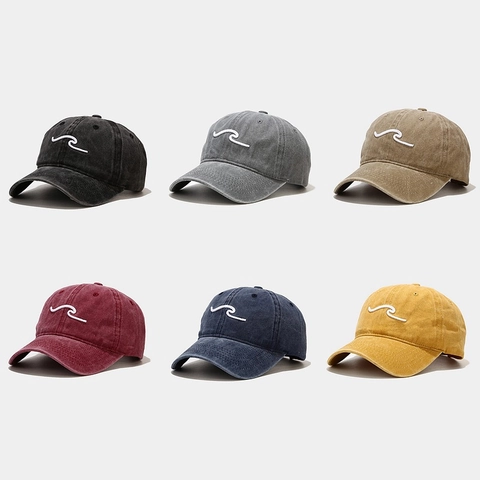 Casquette De Baseball En Coton Lavé Broderie Vague Rétro Ajustable Protection Solaire Chapeau Plein Air Hommes Femmes