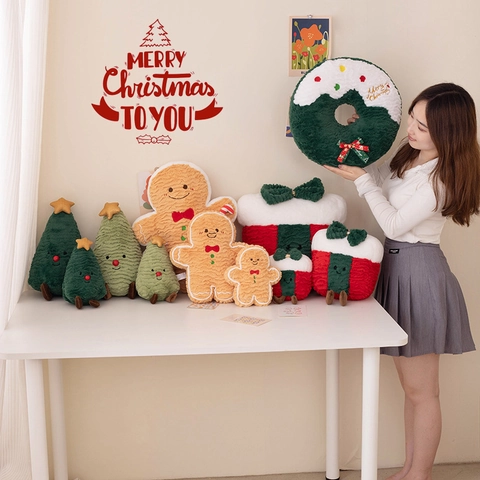 Christmas Plush Toy Pillow Gingerbread Man Christmas Tree Gift Box Wreath Soft Stuffing Home Party Decor Cute Holiday Gift