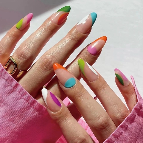 Unghie Finte Press On Lunghe Mandorla Unghie Artificiali Astratte Geometriche Colorate Lucide Manicure Francese Per Donna