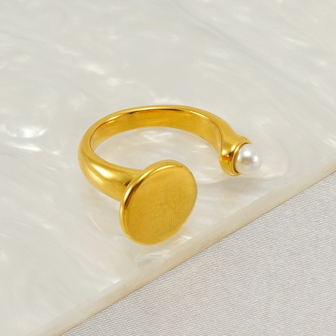 Fashion Artificial Pearl Open Ring Stainless Steel 18K Gold Plated Adjustable Minimalist Geometric Finger Jewelry For Women