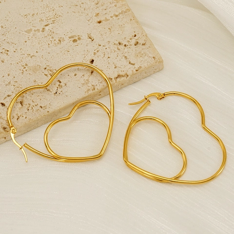 Pendientes Aro Acero Inoxidable Chapado Oro 18 Quilates Doble Capa Forma Corazón Hueco Grande Joyas Minimalistas Mujeres