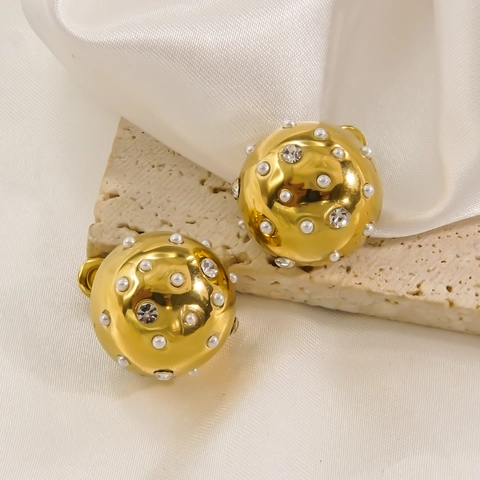 Stainless Steel Hemisphere Stud Earrings 14K Gold Plated Faux Artificial Pearl Zircon Geometric Dome Vintage Fashion For Women