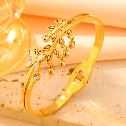 Elegante Bracciale Rigido In Acciaio Inossidabile Con Farfalla E Foglia Per Donna Placcato Oro Con Strass Gioielli Di Moda