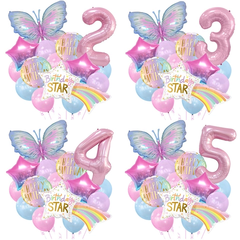 Butterfly Gradient Birthday Balloon Aluminum Foil Latex Macaron Star Number Decoration Supplies For Kids Party
