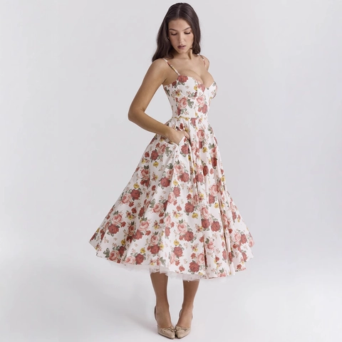 Elegante Abito Midi Con Spalline Sottili Scollo A Cuore Corsetto Gonna A Ruota Linea A Con Fodera In Tulle E Tasche