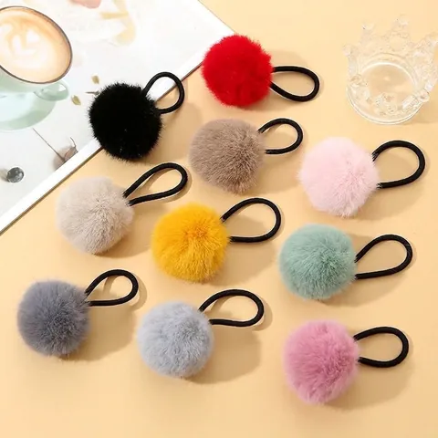 Élastiques À Cheveux À Pompons En Fausse Fourrure Cordes À Cheveux Élastiques Coiffe D'hiver Douce Pour Enfants Filles Femmes