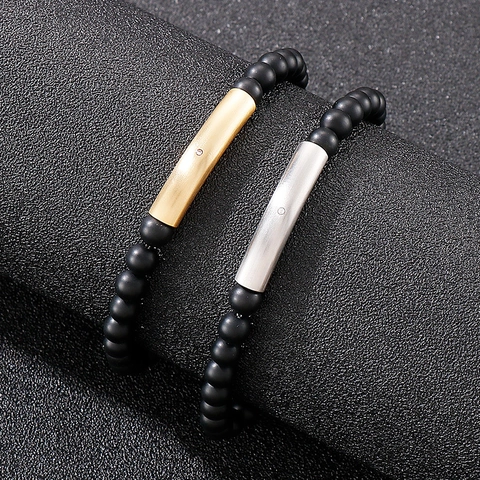 Bracelet Perles Onyx Noir Avec Tube Courbé En Acier Inoxydable Et Strass Bijoux Punk Minimalistes Ajustables Unisexe