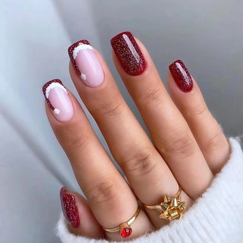 Christmas Press On Nails Glitter Deep Red And Nude Pink With Santa Hat Patterns Artificial False Nails For Women Holiday