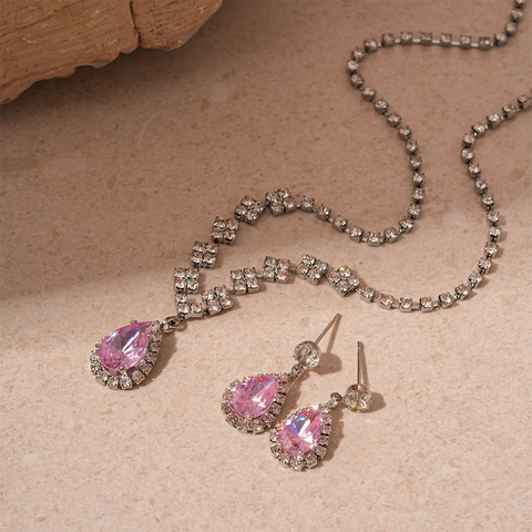 Set Di Gioielli Con Collana E Orecchini Con Zirconi Rosa A Goccia Rame Con Perni In Argento Elegante Moda Da Donna