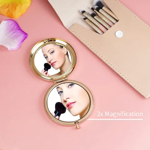 Portable Compact Makeup Mirror Folding Pocket Handheld Dual Sided Magnifying Metal Round Travel Vanity Tool