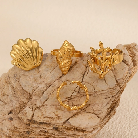 Anillo De Caracola Concha Delfín Coral Acero Inoxidable Ajustable Abierto Joyería Océano Para Mujer