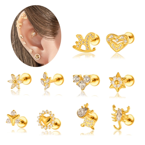 Internal Threaded Labret Stud Piercing F136 Titanium Alloy Heart Flower Zirconia Ear Cartilage Jewelry For Women Men