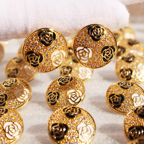 Orecchini A Bottone Camelia Rotondi Smalto Micro Zircone Ottone Placcato Oro Con Perno In Argento Sterling 925 Vintage Francese