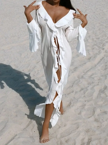 Sexy V Neck Maxi Dress Long Sleeve Polyester Chiffon Ruffle Slit Beach Vacation Summer Sun Protection Cover Up Women
