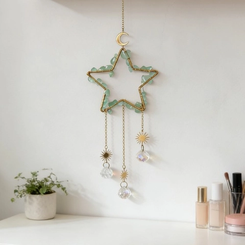Acchiappasole Luna Stella Ornamento Appeso Cristallo Naturale Metallo Prisma Arcobaleno Decorazione Casa Boho