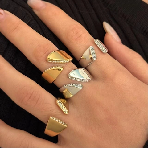 Minimalistischer Verstellbarer Offener Ring Für Damen 304 Edelstahl Geometrischer Asymmetrischer Schnitt Zirkon Schmuck