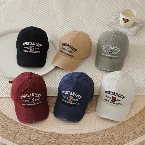 Kids Baseball Cap Washed Cotton Distressed Ripped Brim Letter B Puritan City Embroidery Sun Hat For Boys Girls Retro Adjustable