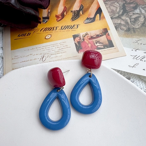 Boucles D Oreilles Pendantes Vintage Color Block Pour Femmes Résine Carrée Goutte D Eau Creuse Avec Tige En Argent