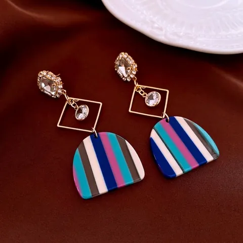 Retro Geometric Zircon Square Dangle Earrings With Colorful Striped Resin And 925 Sterling Silver Earring Post
