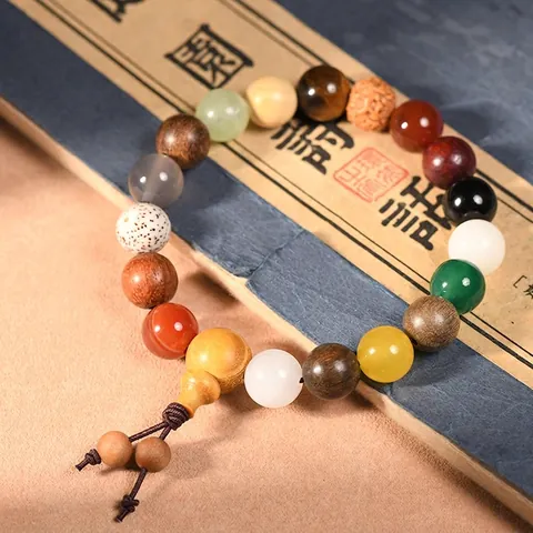 Multi-treasure Beaded Bracelet Wood Bodhi Agate Natural Stones Zen Retro Ethnic Chinese Style Unisex Jewelry Hand String