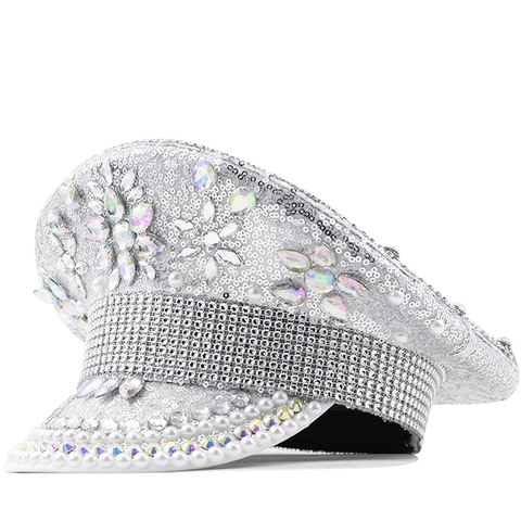 Silver Sequin Captain Hat Rhinestone Faux Artificial Pearl Military Performance Party Wedding Headwear For Women