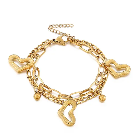 Bracciale A Doppio Strato In Acciaio Inossidabile Con Pendenti A Cuore Cavo E Perline Rotonde Gioielli Di Moda Eleganti Per Donna