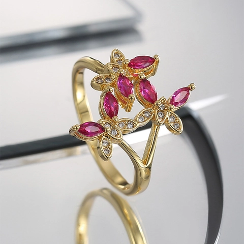 Bague Fleur Papillon Cuivre Plaqué Or Zircon Marquise Rouge Bijoux Étincelants Élégants Accessoires De Mode Cadeau Pour Femmes