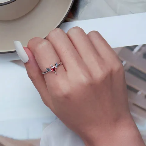 Gothic Bat Wings 925 Sterling Silver Ring Heart Red Zircon Twisted Rope Band Oxidized Jewelry For Women Men