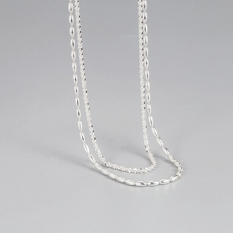 Collar de Doble Capa de Plata de Ley S925 para Mujer Choker Minimalista con Cadena de Granos de Arroz Elegante Joyería de Regalo