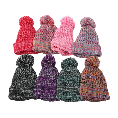 Women Colorful Acrylic Knit Beanie Hat With Pom-Pom Winter Warm Chunky Cable Knit Folded Cuff Skull Cap Daily Outdoor Wear