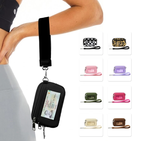 Portable Mini Coin Purse Card Holder With Transparent ID Window Nylon Wristlet Lanyard Zipper Pouch For Daily Travel