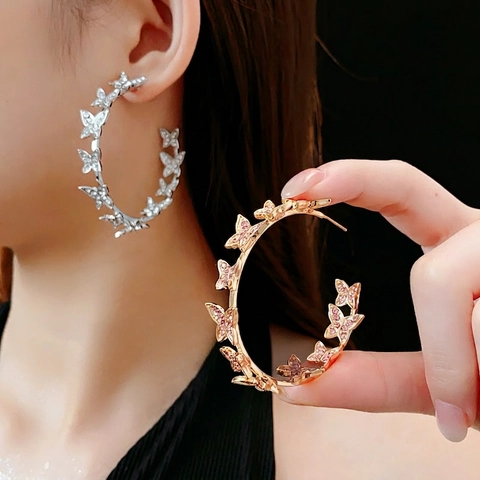 Schmetterling Creolen Legierung Strass Mit Silbernem Ohrstecker C-Form Elegante Modeschmuck Für Frauen