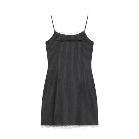 Damen Nadelstreifen Camisole Minikleid Slim Fit Ärmellos U Ausschnitt Weißer Spitzenbesatz Rückenfrei Elegant